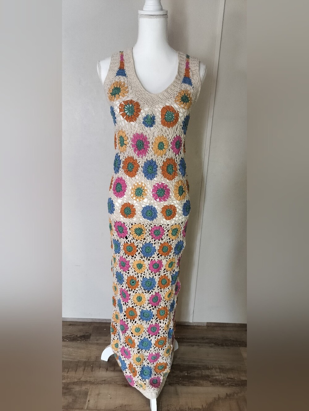 Beach Riot Cream Crochet Maxi Dress with Pink, Blue, Orange & Green Accents